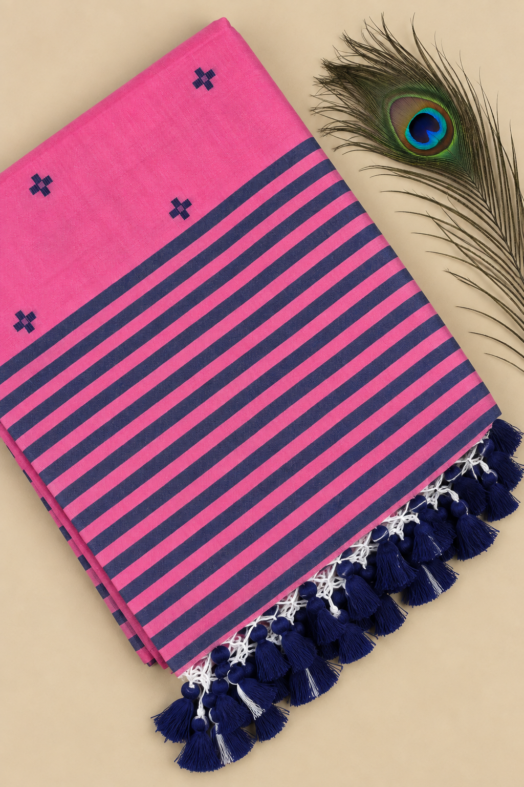 Pink & Navy Blue Striped Cotton Saree